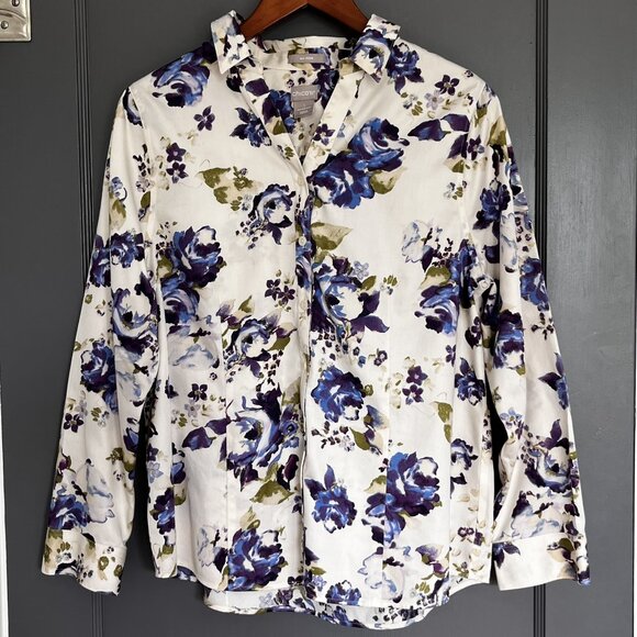 Chico's Sz 1 US 8/10 Cream Purple Roses No Iron Button Down Shirt Cotton Floral - Picture 1 of 9